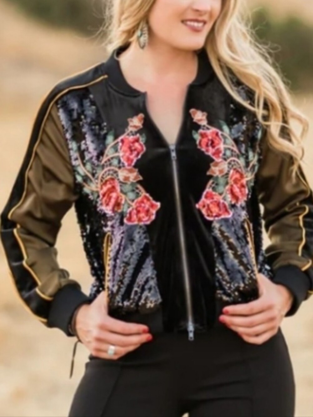 Rodeo Quincy Rare Women’s Black Embroidered Sequin Bomber Jacket